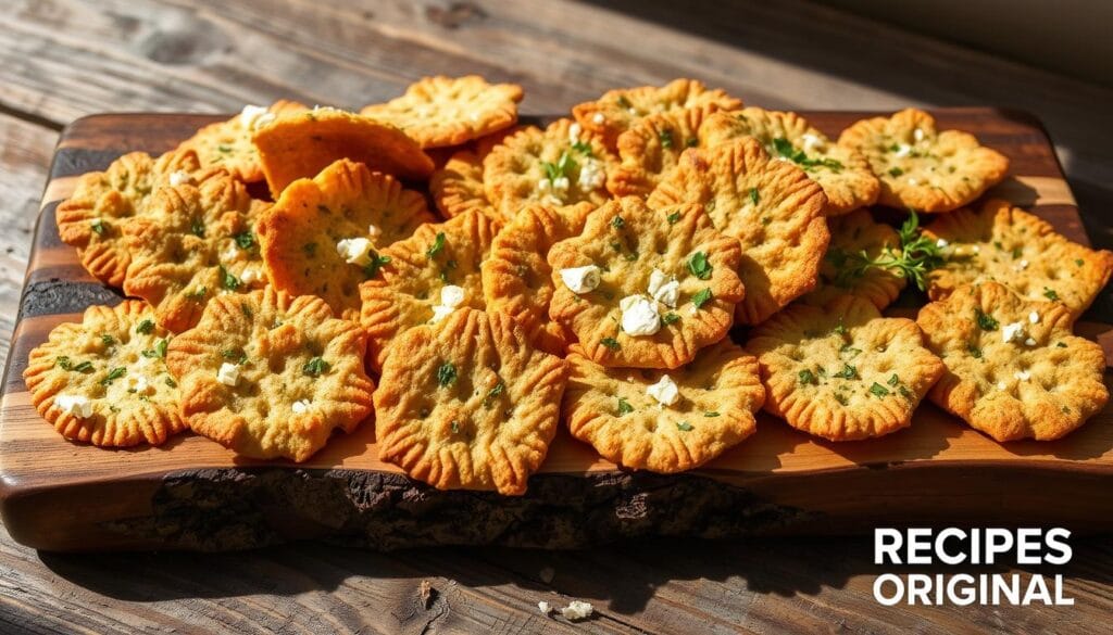 Assorted herb and cheese sourdough discard crackers on a wooden board