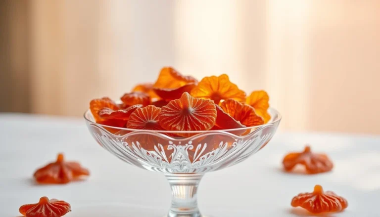 Elegant glass bowl filled with orange cutleaf mushroom gummies-shaped gummy candies, with a few scattered around on a white surface.