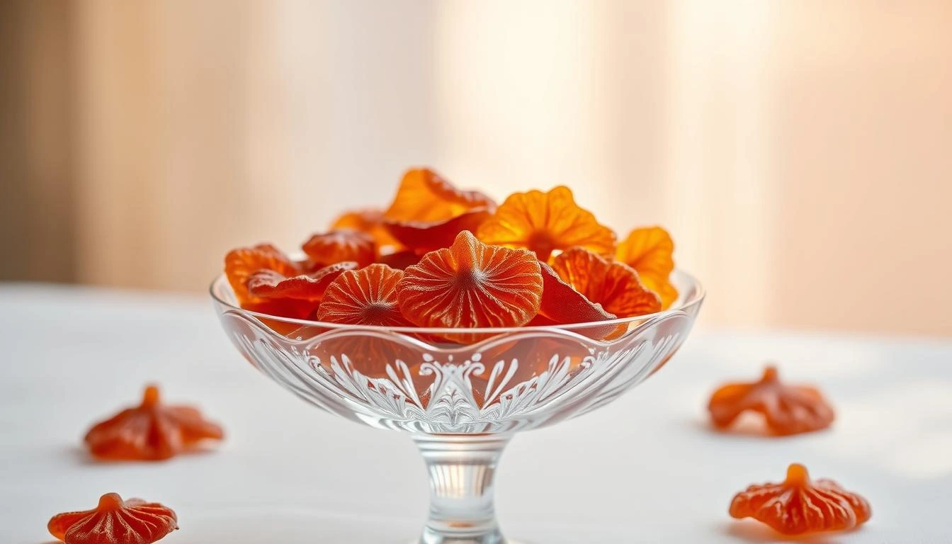 Elegant glass bowl filled with orange cutleaf mushroom gummies-shaped gummy candies, with a few scattered around on a white surface.