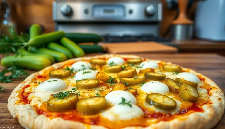 A Pickle Pie Pizza topped with melted cheese, sliced pickles, and fresh herbs, with cucumbers in the background.
