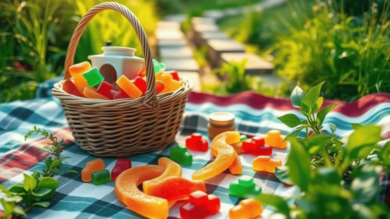Psychedelic-themed gummy Road Trip Mushroom Gummies in vibrant colors arranged on a map with a vintage car, symbolizing a magical and adventurous road trip.