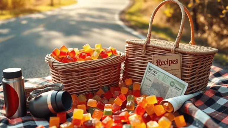Assorted colorful Road Trip Gummies candies shaped like cars, suitcases, and road signs arranged on a map, representing a fun road trip theme.