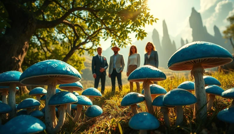 bluey vuitton mushroom with a vibrant blue cap, intricate white patterns, and a whimsical, luxury aesthetic.