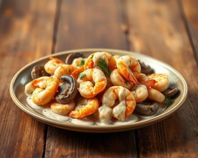 A plate of shrimp with a creamy sauce and seafood mushroom, garnished with fresh herbs, served on a rustic wooden table.